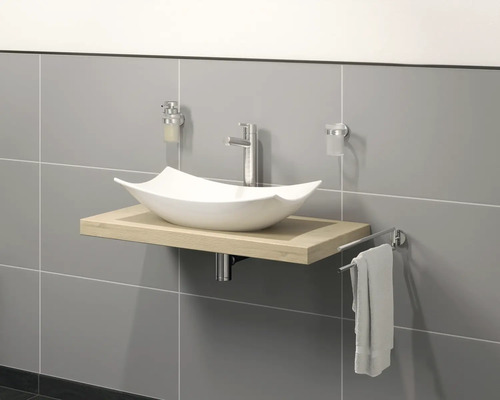 Badezimmerwaschtisch mit Aufsatzwaschbecken, Armatur, Seifenspender, Zahnputzbecher und Handtuchhalter