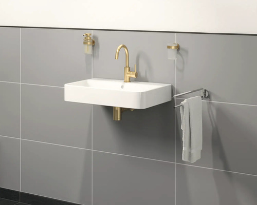 Vasque suspendue avec robinet, distributeur de savon, gobelet à brosse à dents et porte-serviettes sur un mur carrelé