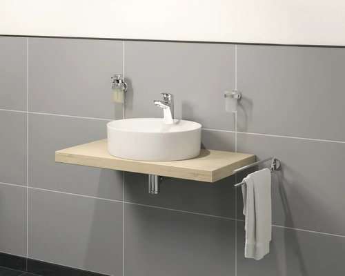 Modernes Badezimmer mit Aufsatzwaschbecken, Handtuchhalter und Ablage