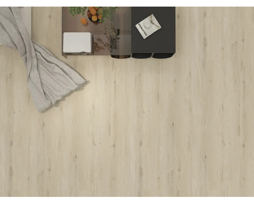 Vue d''une pièce avec sol stratifié, table et couverture