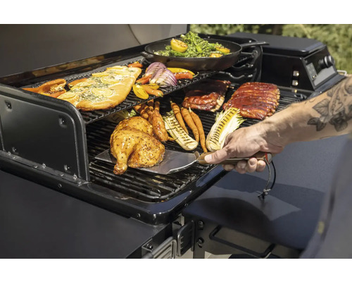 Grill mit zubereiteten Speisen wie Hähnchen, Fisch, Gemüse und Rippchen