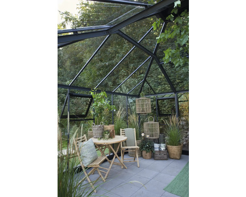 Innenraum eines Gewächshauses mit Tisch, Stühlen und Pflanzen