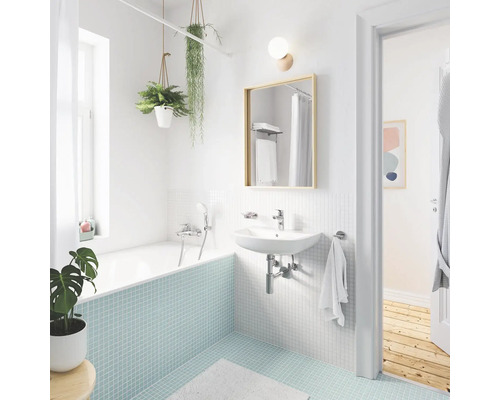 Salle de bain avec baignoire, lavabo, miroir et plantes