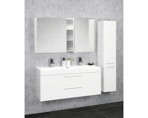 Salle de bain lumineuse avec meuble sous-lavabo, armoire de toilette et armoire haute