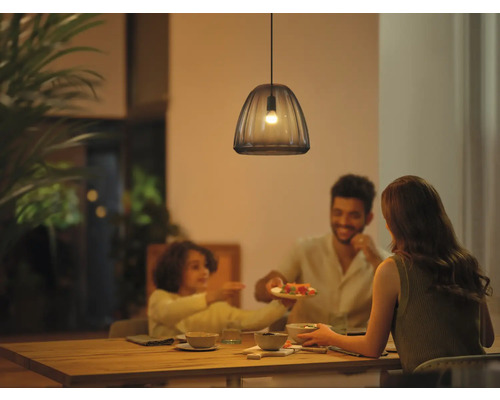 Une famille est assise sous une suspension à la table à manger.