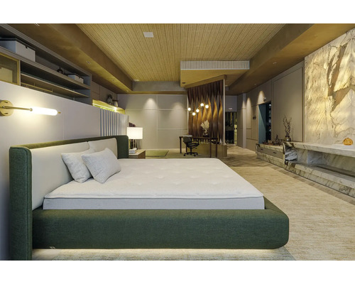 Chambre lumineuse avec lit, bureau et étagères pour une ambiance organisée et spacieuse