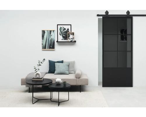 Salon avec porte coulissante, canapé, table basse et décoration murale