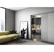 Salon avec porte coulissante en verre, canapé et œuvre d''art