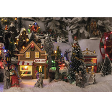 Weihnachtsdorf Szene mit Buchhandlung, Theater, Figuren und Bäumen