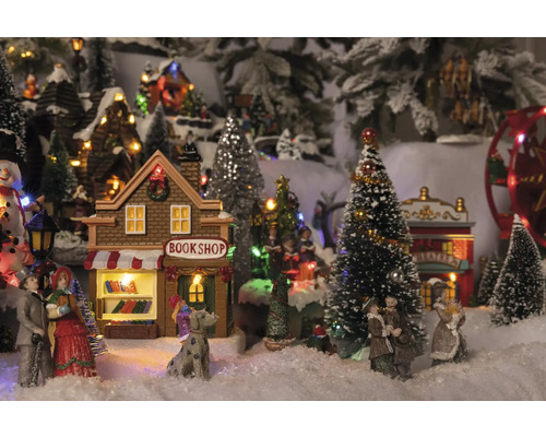 Weihnachtsdorf Szene mit Buchhandlung, Theater, Figuren und Bäumen