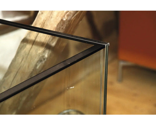 Detailansicht eines Aquariums mit Glas und schwarzem Rahmen