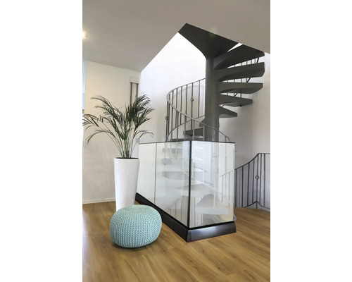 Scène avec escalier en colimaçon, plante en pot et pouf dans une pièce lumineuse