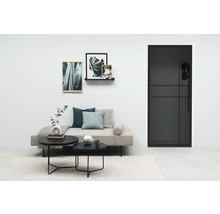 Salon avec canapé, tables basses et porte coulissante