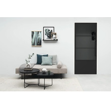 Salon avec canapé, tables, décoration et porte intérieure noire