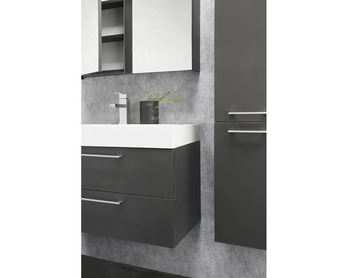 Salle de bains avec meuble sous-lavabo, armoire de toilette et armoire haute