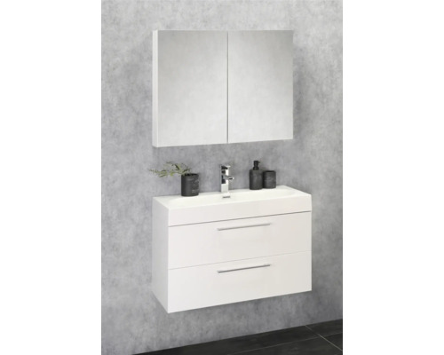 Combinaison de lavabo avec lavabo, meuble bas avec deux tiroirs et armoire de toilette dans la salle de bain.