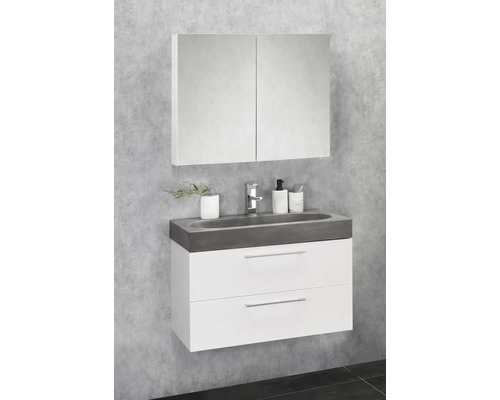 Modernes Badezimmerensemble mit Waschbeckenunterschrank, Waschtisch und Spiegelschrank