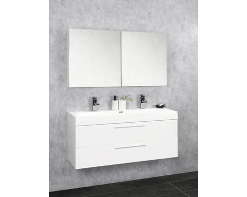 Salle de bains moderne avec meuble-lavabo blanc, deux tiroirs et armoire de toilette