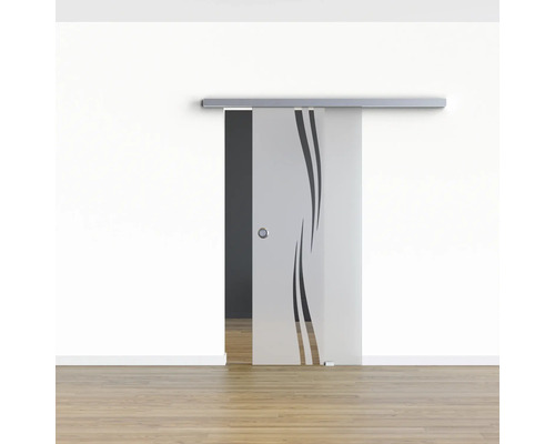 Porte coulissante en verre avec rail horizontal et motif ondulé