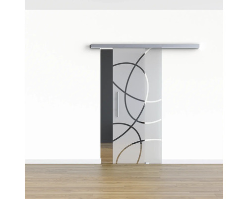 Porte coulissante en verre avec motif et poignée