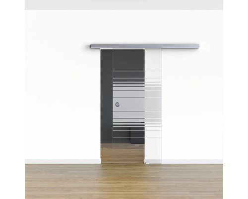 Porte coulissante en verre avec des rayures horizontales dans la pièce