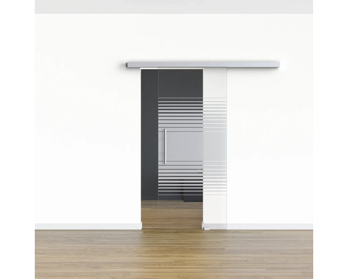 Porte coulissante en verre avec motif à rayures horizontales et poignée