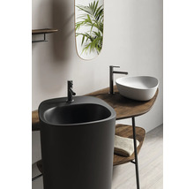 Badezimmerinterieur mit schwarzem Standwaschbecken, Aufsatzwaschbecken, Armaturen und Spiegel