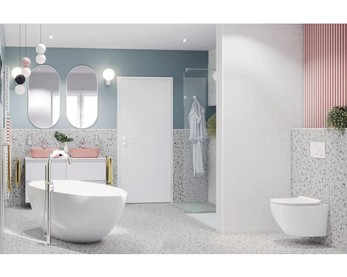 Salle de bains moderne avec baignoire îlot, meuble-lavabo avec deux lavabos et WC suspendu