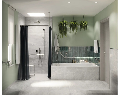 Salle de bain avec douche, baignoire, barres d''appui et plantes