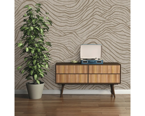 Salon avec papier peint à motifs, commode, tourne-disque et plante d''intérieur