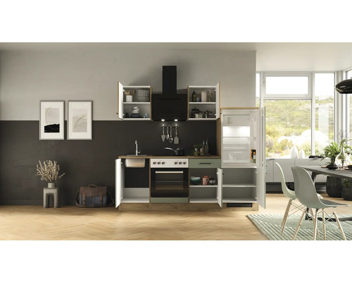 Cuisine équipée avec évier, cuisinière, hotte aspirante et réfrigérateur dans une pièce lumineuse