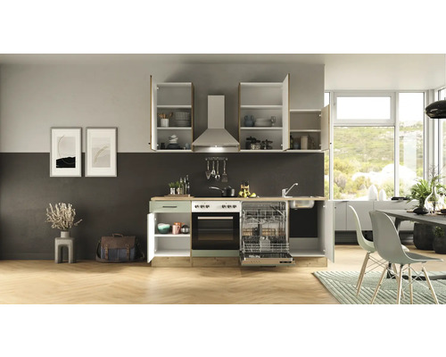 Cuisine intégrée avec lave-vaisselle, cuisinière, hotte aspirante et placards ouverts dans une cuisine lumineuse et spacieuse.