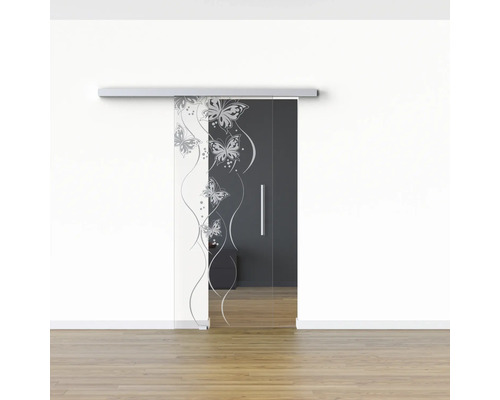 Porte coulissante en verre avec système de porte coulissante et décor de papillons