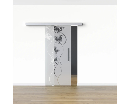 Porte coulissante en verre avec motif papillon dans une pièce