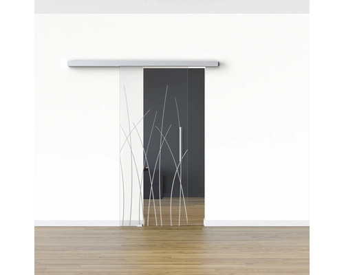 Porte coulissante en verre avec motif de plantes devant un mur