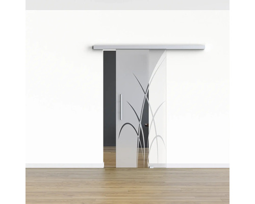 Porte coulissante en verre avec motif de plantes devant un mur blanc