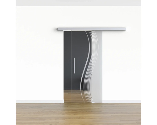 Porte coulissante en verre avec décor ondulé et poignée