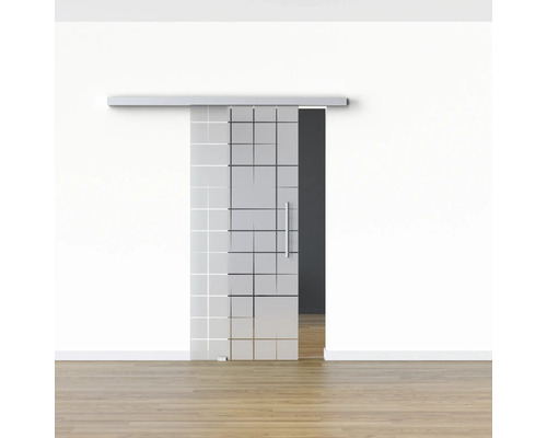 Porte coulissante en verre avec décor quadrillé et poignée