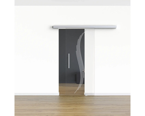 Porte coulissante en verre avec motif ondulé devant le mur