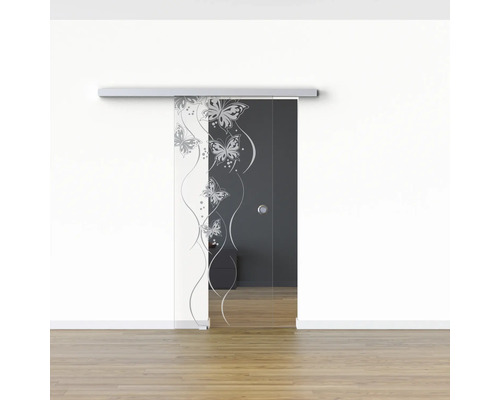 Porte coulissante en verre avec système de porte coulissante et motif papillon