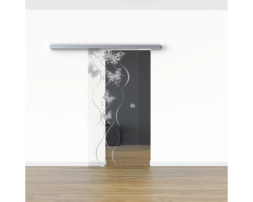 Porte en verre avec système coulissant et motif papillons