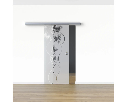 Porte coulissante en verre avec motif papillon dans un intérieur