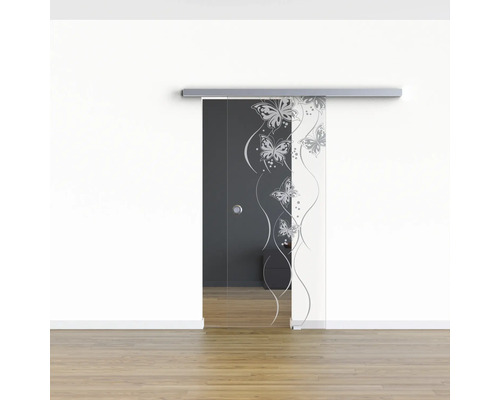 Porte coulissante en verre avec motif papillon