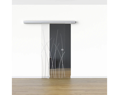 Porte coulissante en verre avec motif végétal devant un mur