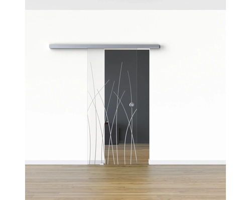 Porte coulissante en verre avec décor d''herbe devant un mur blanc