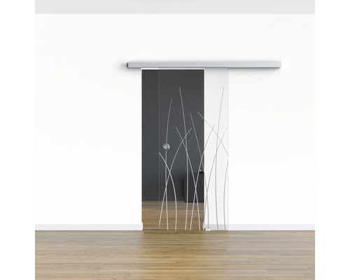 Porte coulissante en verre avec décor devant un mur blanc