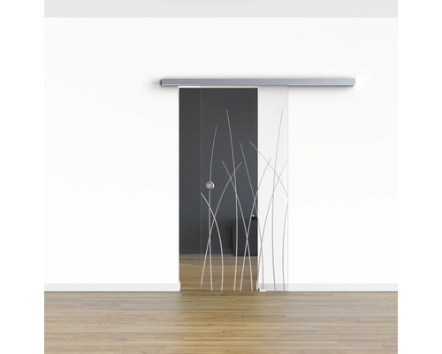 Porte coulissante en verre avec motif d''herbes devant un mur blanc