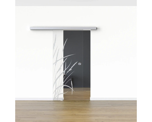 Porte coulissante en verre avec motif d''herbes devant un mur