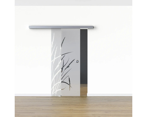 Porte coulissante en verre avec motif d''herbes devant un mur blanc.