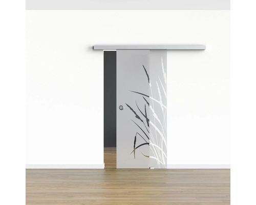 Porte coulissante en verre avec motif d''herbes devant un mur blanc